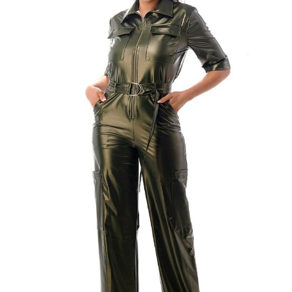 Chic Plus Size Olive Short Sleeve Jumpsuit Faux Leather Jumpsuit